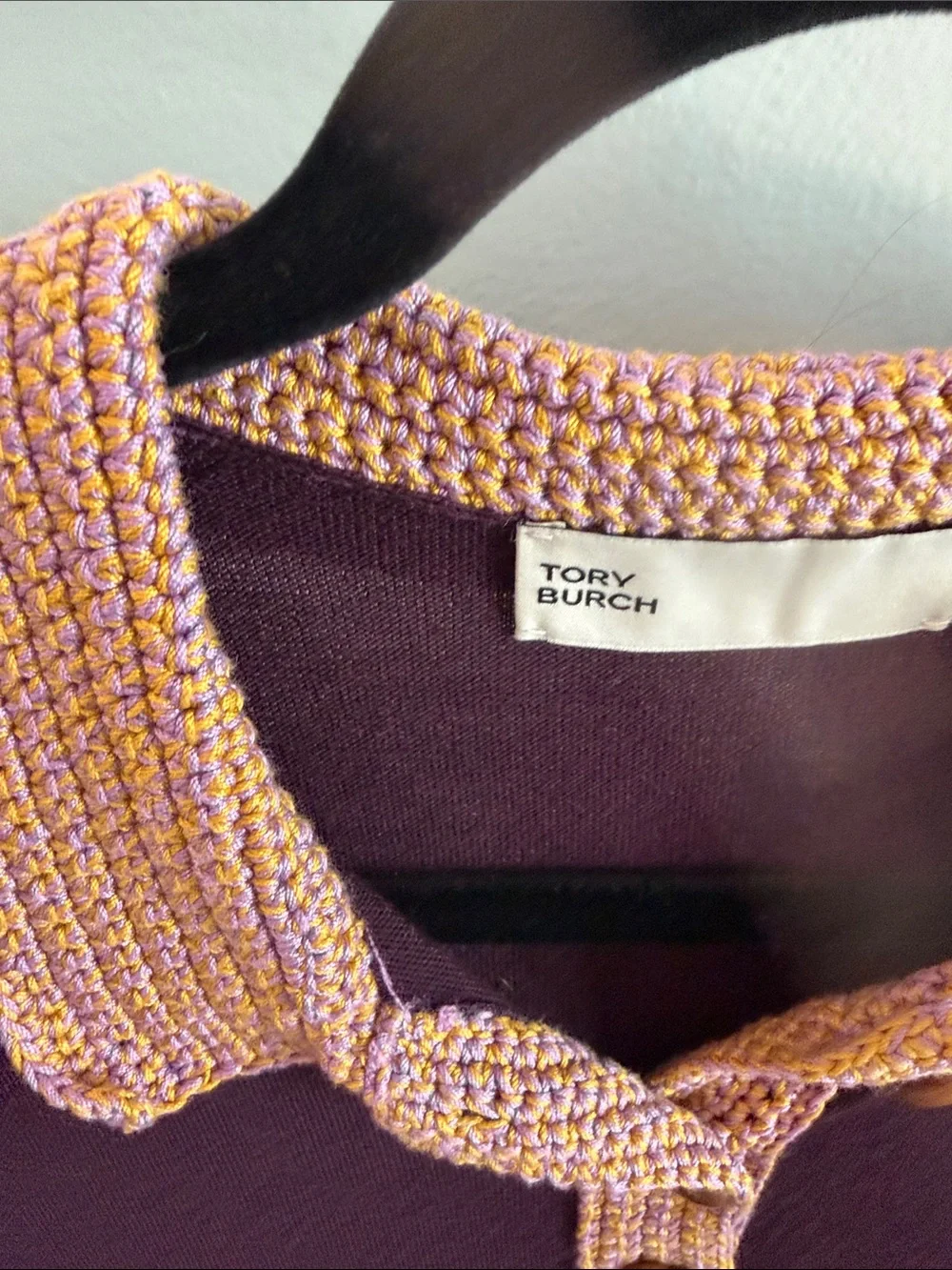 Tory Burch Plum Short-Sleeve Knit Polo with Yellow Accented Collar